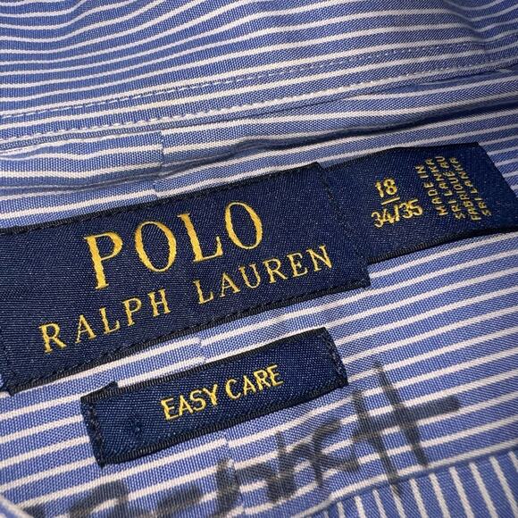 Polo Ralph Lauren Shirt Men’s Size 18 34/35 Blue White Striped Easy Care Office - Picture 9 of 14